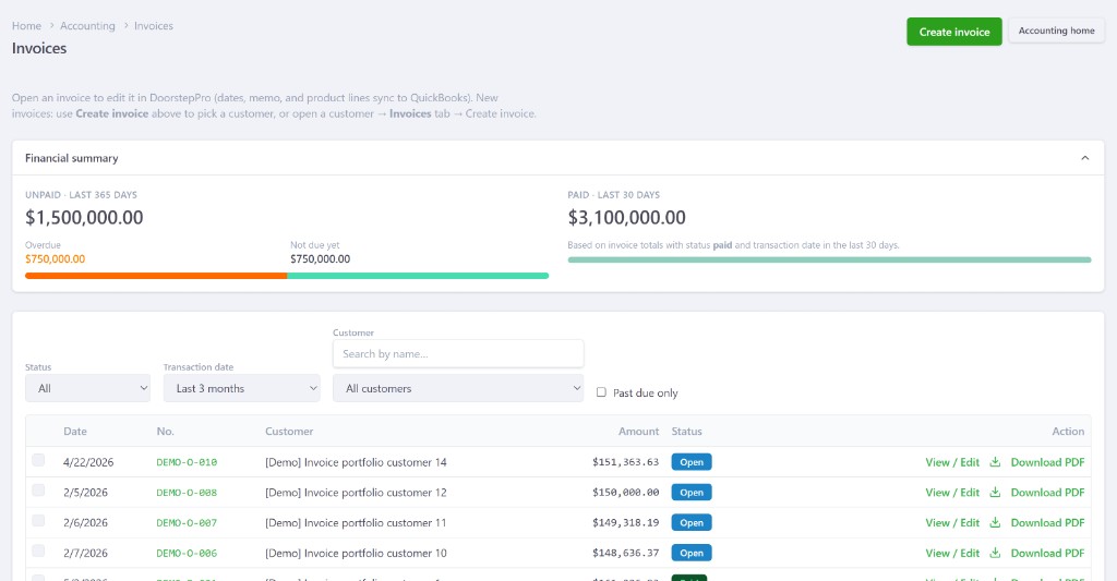 DoorstepPro Accounting invoices list with financial summary, filters, and invoice table