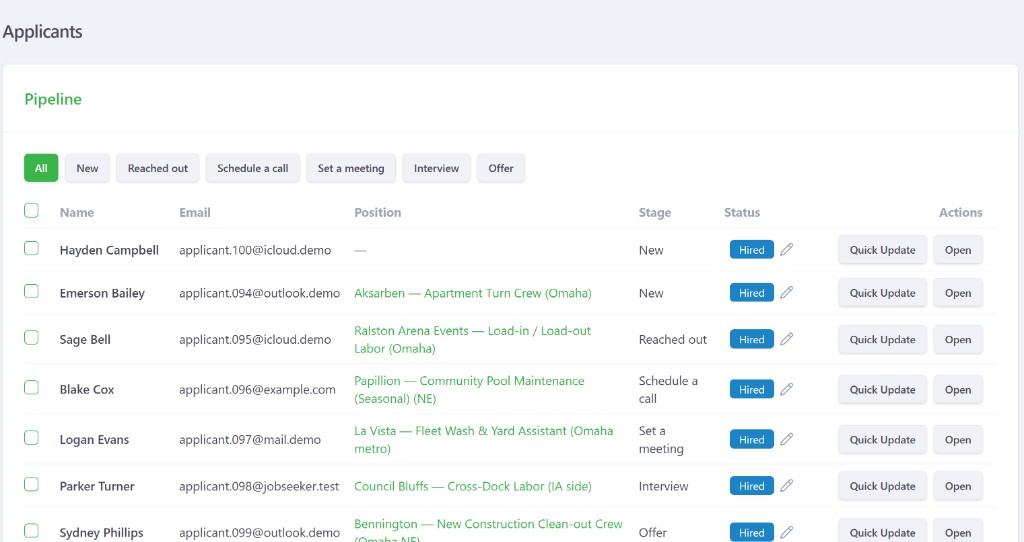 DoorstepPro HR Applicants pipeline with stages, positions, and applicant rows