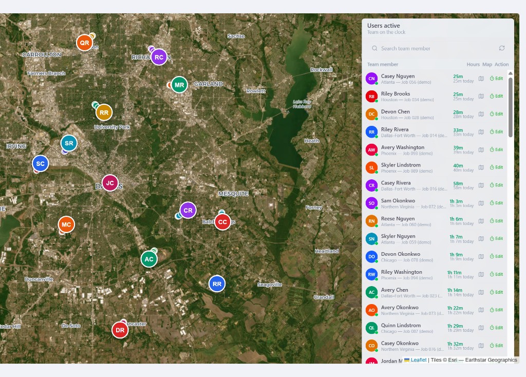 DoorstepPro Who is working live map with GPS and active team members