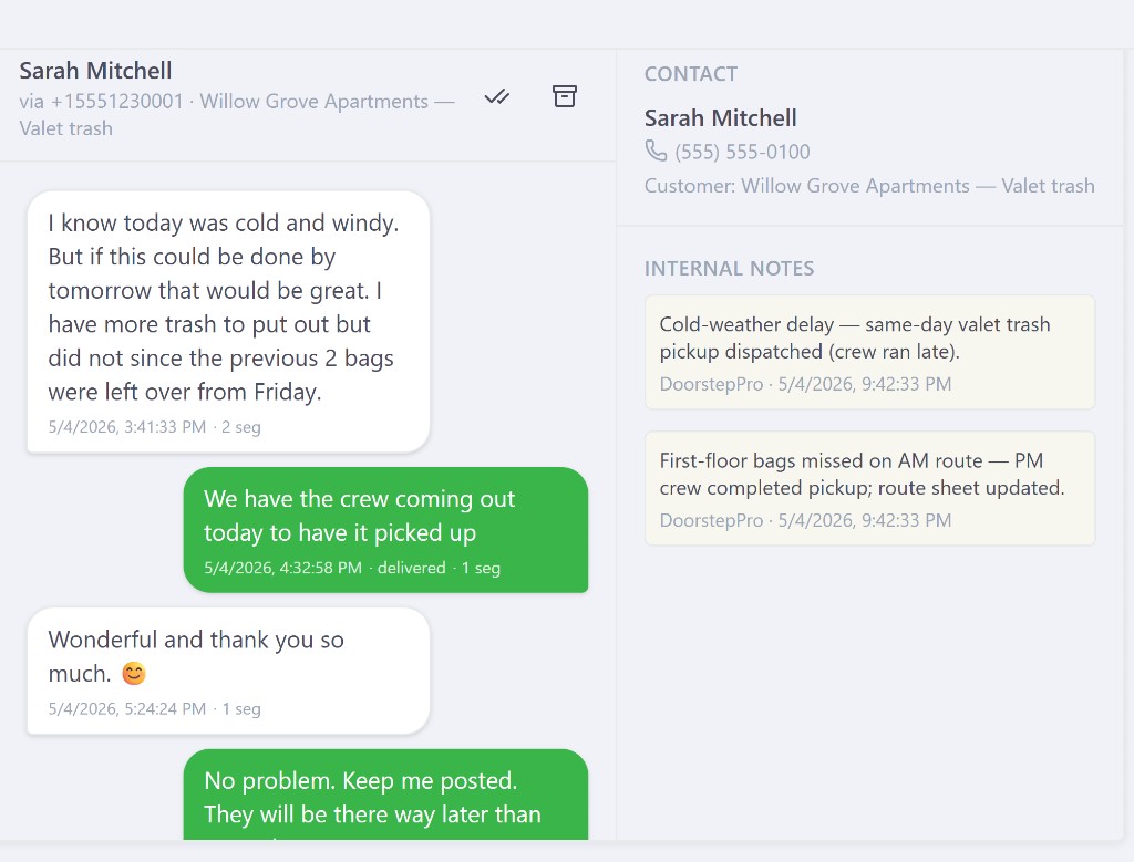 DoorstepPro CRM two-way SMS inbox with conversation thread and contact details