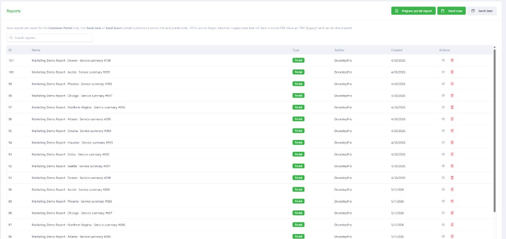 DoorstepPro Reports dashboard with portal customer reports list